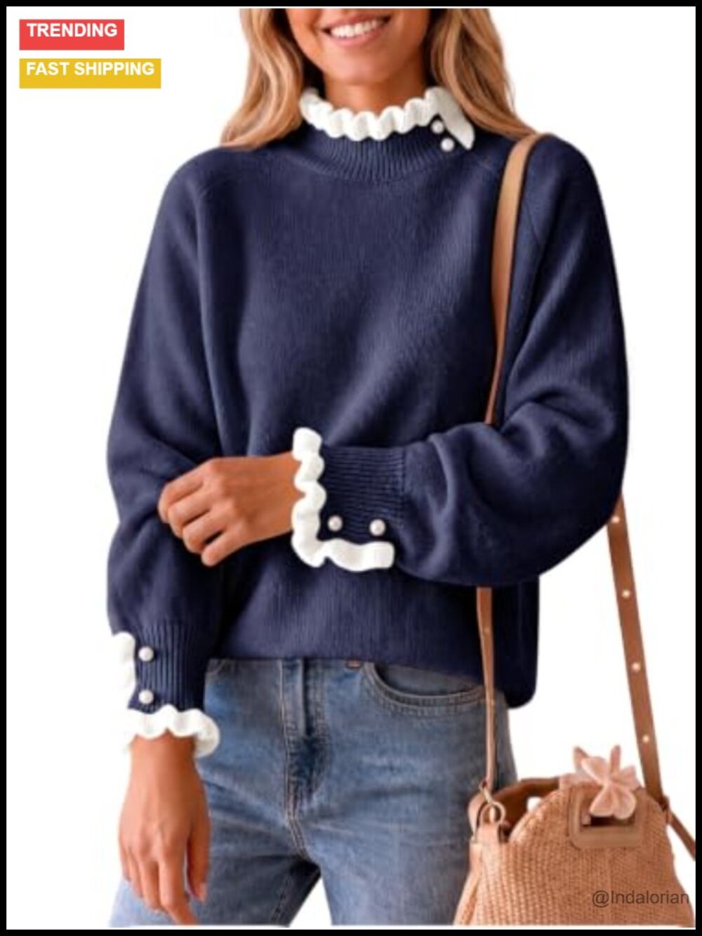 Mock Neck Ruffle Sweater Top Pearl Knit Pullover